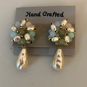 Vintage Faux Pearl Dangle Earrings, Blue Green Beads, Clip On